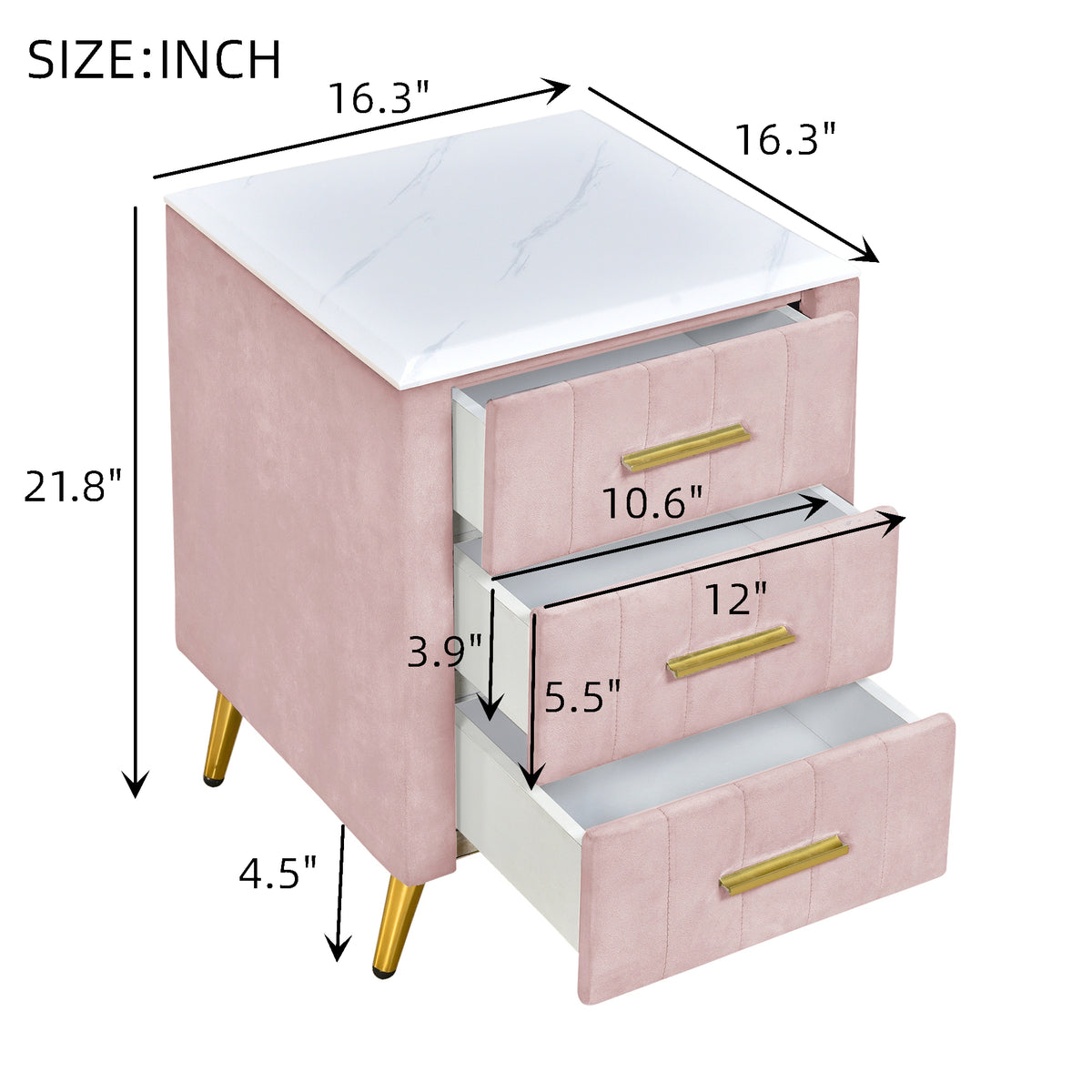 variant-group:rf-n733p208520h|Roomfitters Upholstered Nightstand with 3 Storage Compartments, Metal Legs and Handles, Marble-Inspired Worktop, Pink