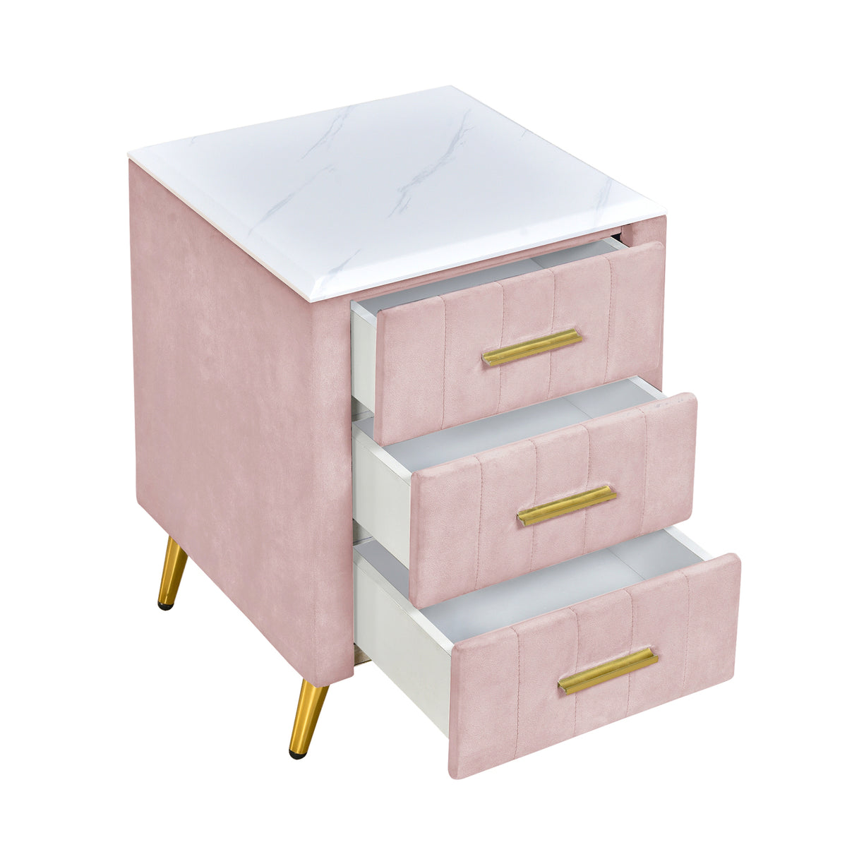 variant-group:rf-n733p208520h|Roomfitters Upholstered Nightstand with 3 Storage Compartments, Metal Legs and Handles, Marble-Inspired Worktop, Pink
