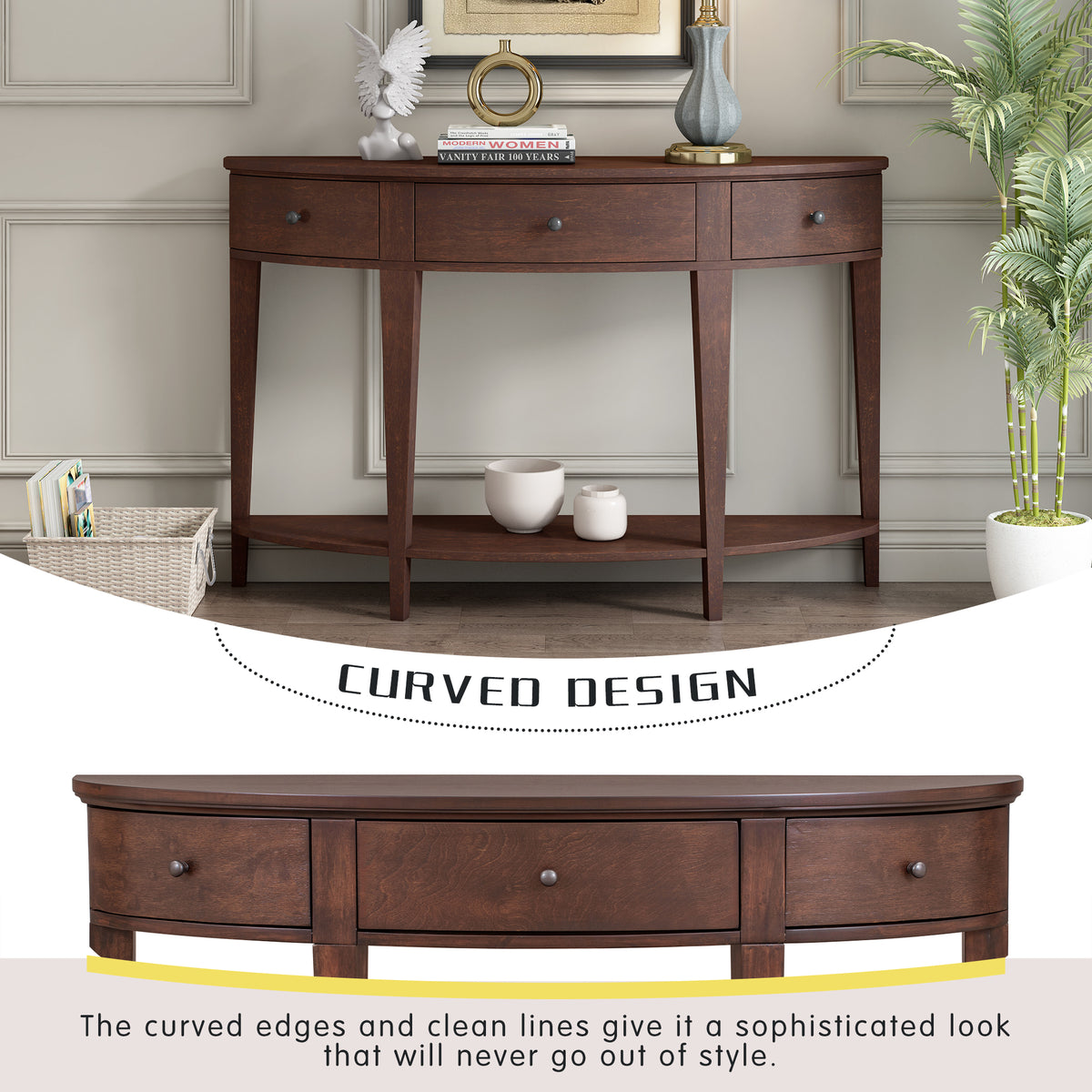 variant-group:rf-n711wf312995aad|Roomfitters Modern Curved Console Table with 3 Drawers and 1 Shelf, Perfect for Hallway, Entryway, or Living Room, Offering Modern Elegance and Practical Storage, Espresso