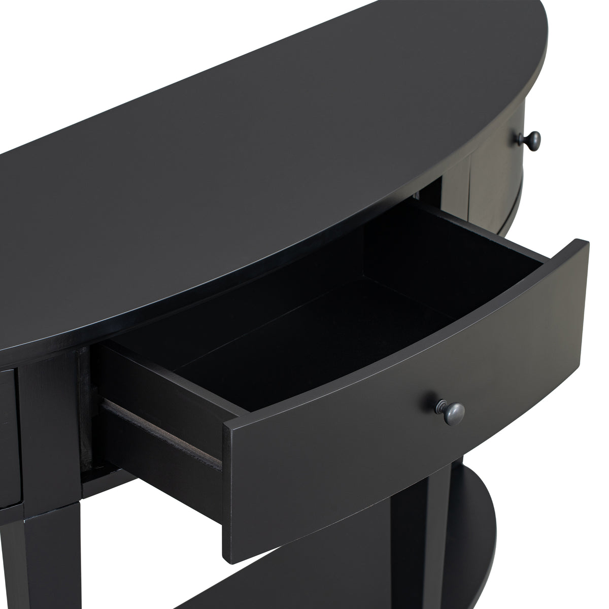 variant-group:rf-n711wf312995aab|Roomfitters Modern Curved Console Table with 3 Drawers and 1 Shelf, Ideal for Hallway, Entryway, or Living Room, Providing Stylish Storage with a Contemporary Flair, Black