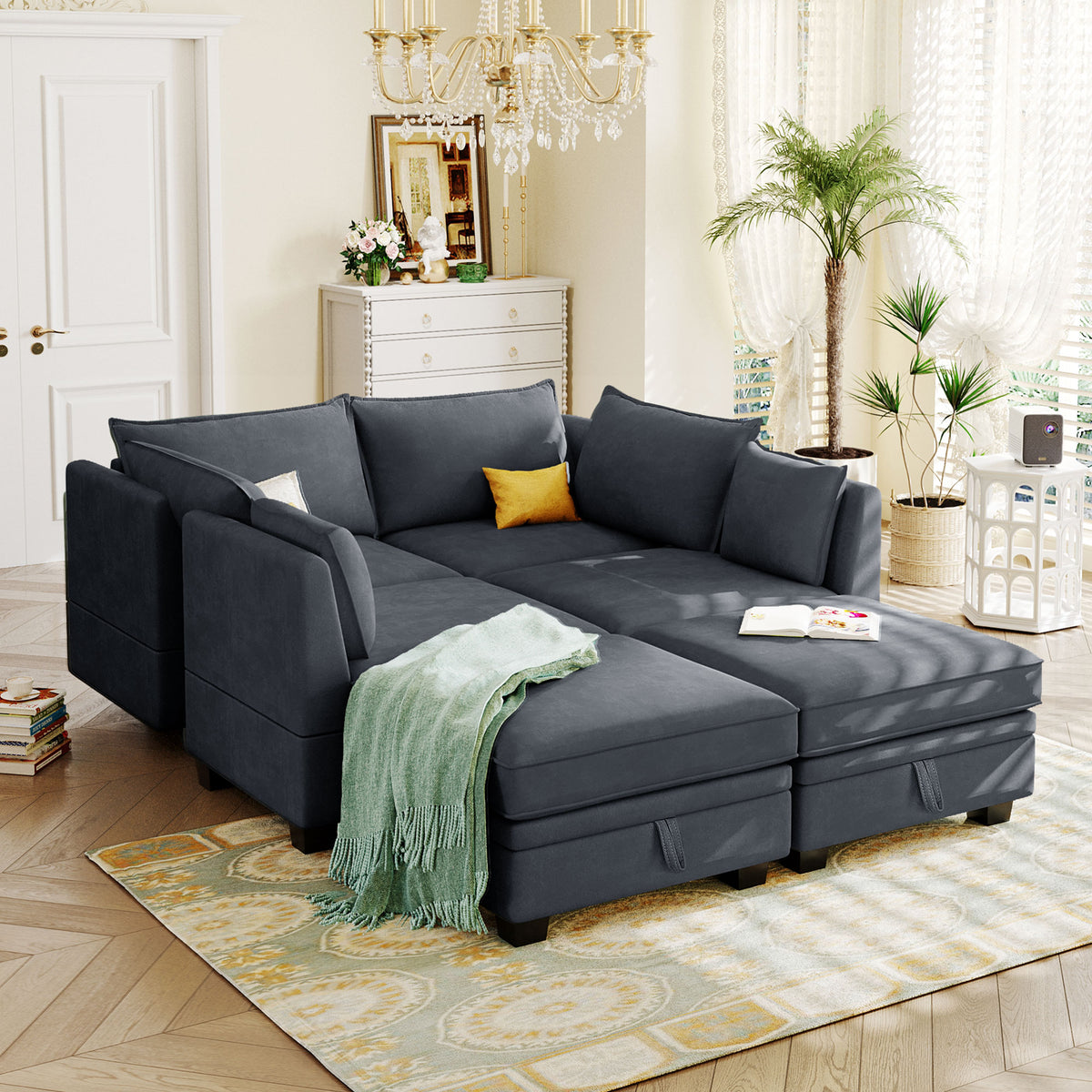variant-group:rf-n711wy000363aad|Roomfitters Modern Large U-Shape Modular Sectional Sofa, Convertible Sofa Bed with Reversible Chaise for Living Room, Storage Seat, Dark Grey