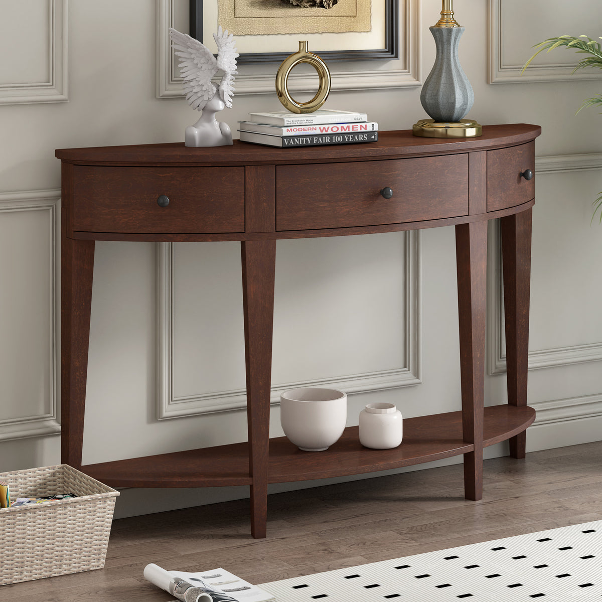 variant-group:rf-n711wf312995aad|Roomfitters Modern Curved Console Table with 3 Drawers and 1 Shelf, Perfect for Hallway, Entryway, or Living Room, Offering Modern Elegance and Practical Storage, Espresso