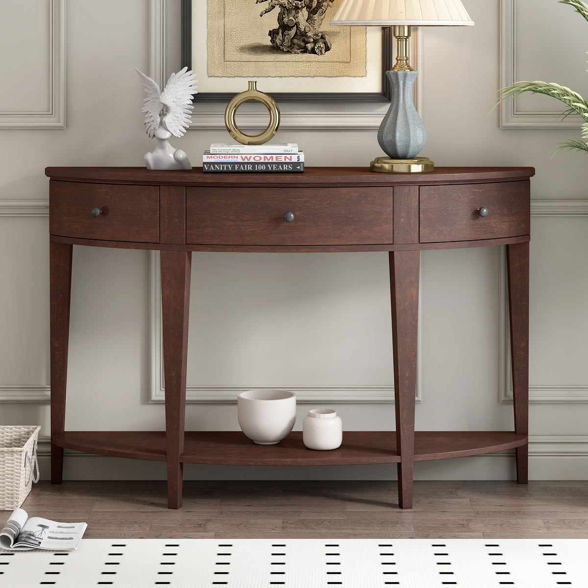 variant-group:rf-n711wf312995aad|Roomfitters Modern Curved Console Table with 3 Drawers and 1 Shelf, Perfect for Hallway, Entryway, or Living Room, Offering Modern Elegance and Practical Storage, Espresso