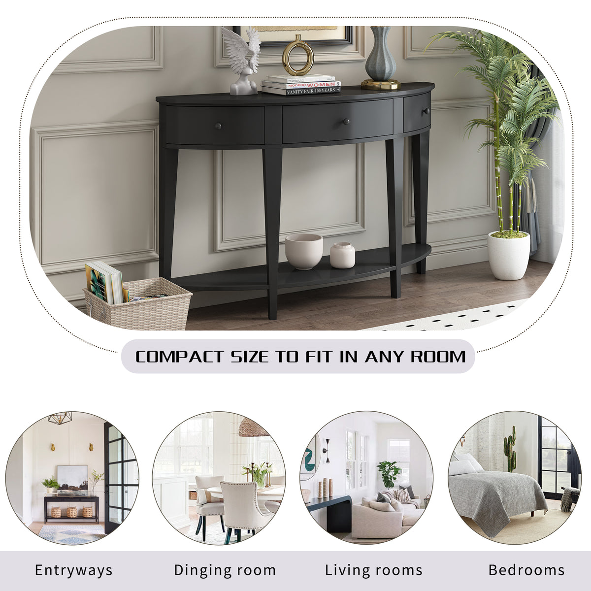 variant-group:rf-n711wf312995aab|Roomfitters Modern Curved Console Table with 3 Drawers and 1 Shelf, Ideal for Hallway, Entryway, or Living Room, Providing Stylish Storage with a Contemporary Flair, Black