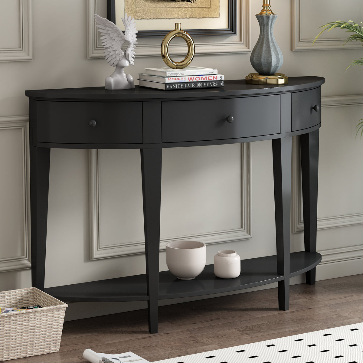 variant-group:rf-n711wf312995aab|Roomfitters Modern Curved Console Table with 3 Drawers and 1 Shelf, Ideal for Hallway, Entryway, or Living Room, Providing Stylish Storage with a Contemporary Flair, Black