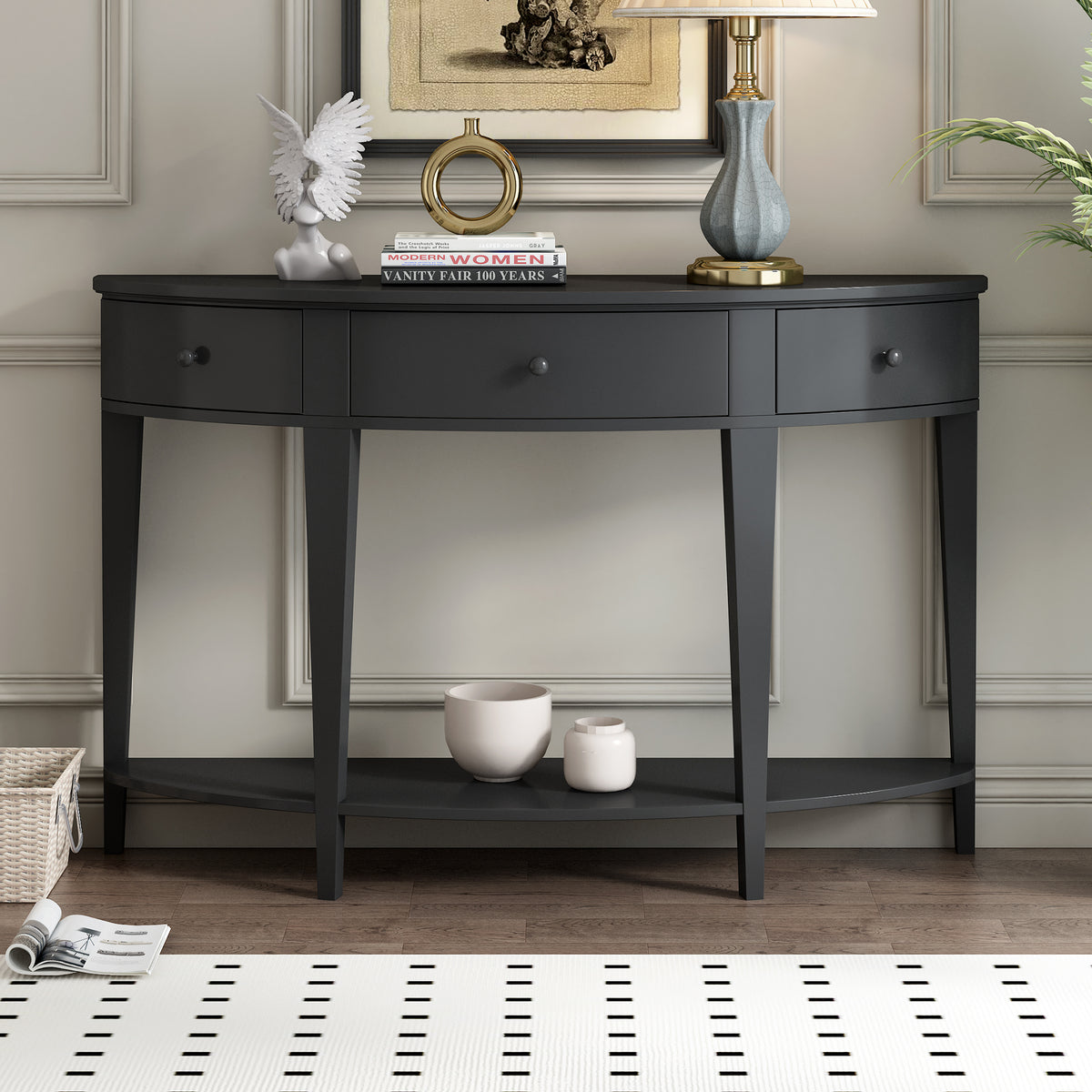 variant-group:rf-n711wf312995aab|Roomfitters Modern Curved Console Table with 3 Drawers and 1 Shelf, Ideal for Hallway, Entryway, or Living Room, Providing Stylish Storage with a Contemporary Flair, Black