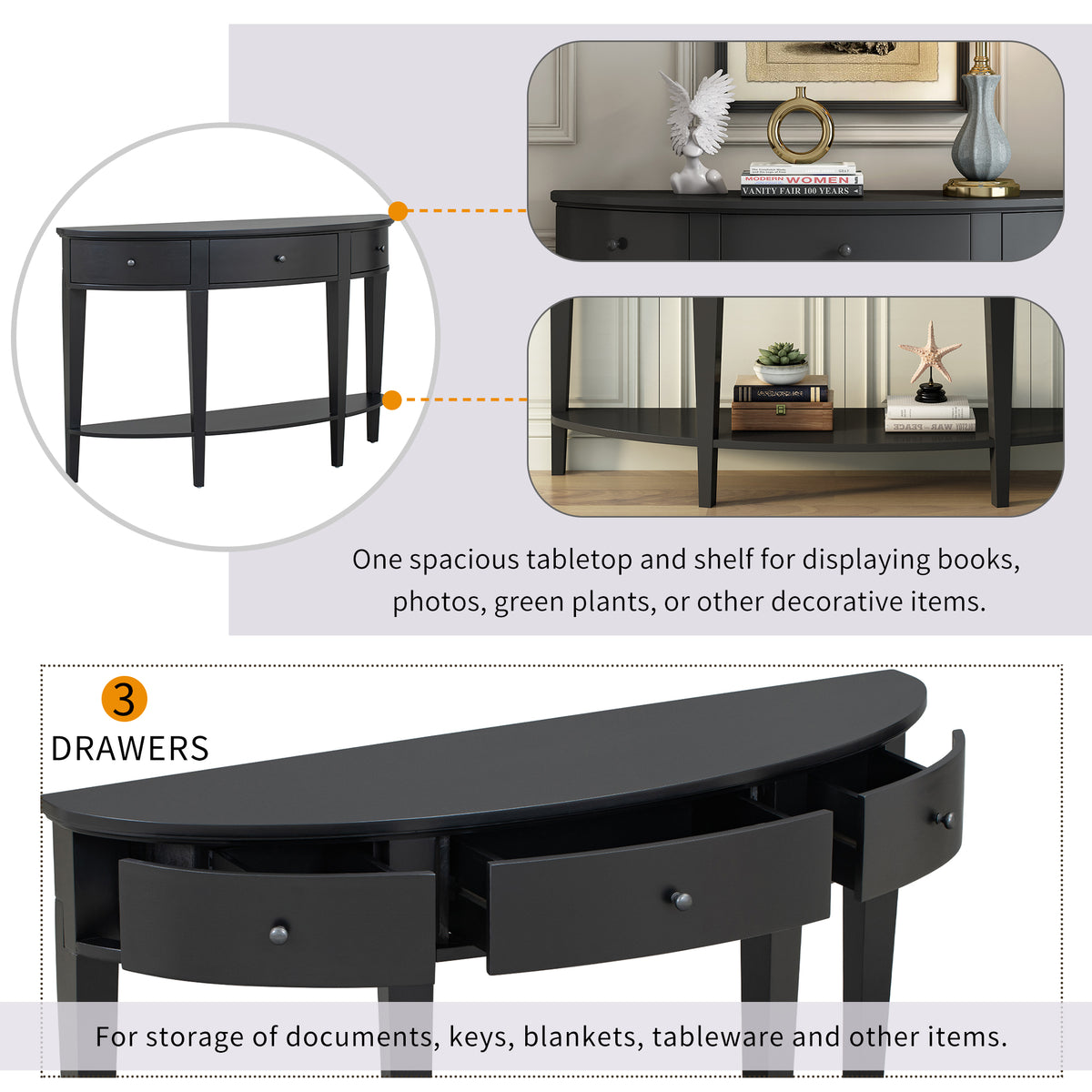 variant-group:rf-n711wf312995aab|Roomfitters Modern Curved Console Table with 3 Drawers and 1 Shelf, Ideal for Hallway, Entryway, or Living Room, Providing Stylish Storage with a Contemporary Flair, Black