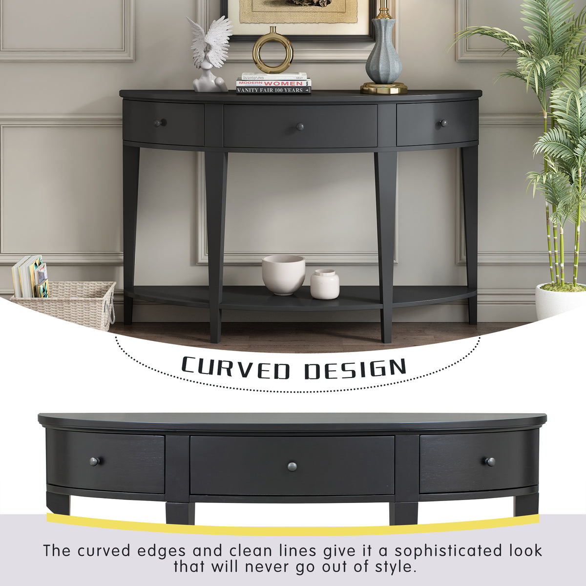 variant-group:rf-n711wf312995aab|Roomfitters Modern Curved Console Table with 3 Drawers and 1 Shelf, Ideal for Hallway, Entryway, or Living Room, Providing Stylish Storage with a Contemporary Flair, Black