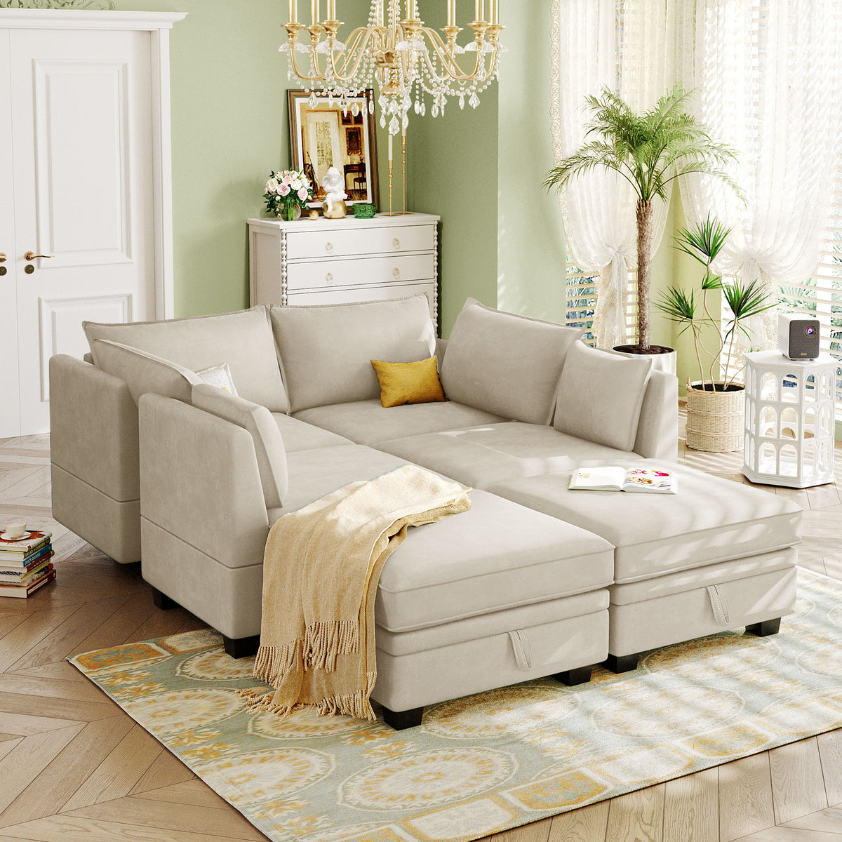 variant-group:rf-n711wy000363aaa|Roomfitters Modern Large U-Shape Modular Sectional Sofa, Convertible Sofa Bed with Reversible Chaise for Living Room, Storage Seat, Beige