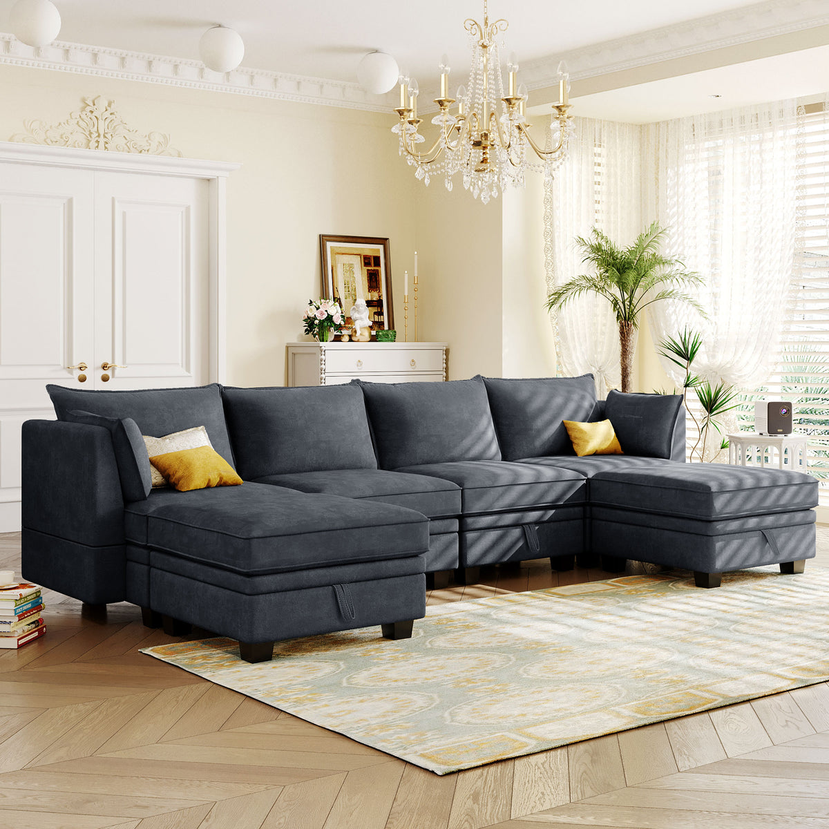 variant-group:rf-n711wy000363aad|Roomfitters Modern Large U-Shape Modular Sectional Sofa, Convertible Sofa Bed with Reversible Chaise for Living Room, Storage Seat, Dark Grey
