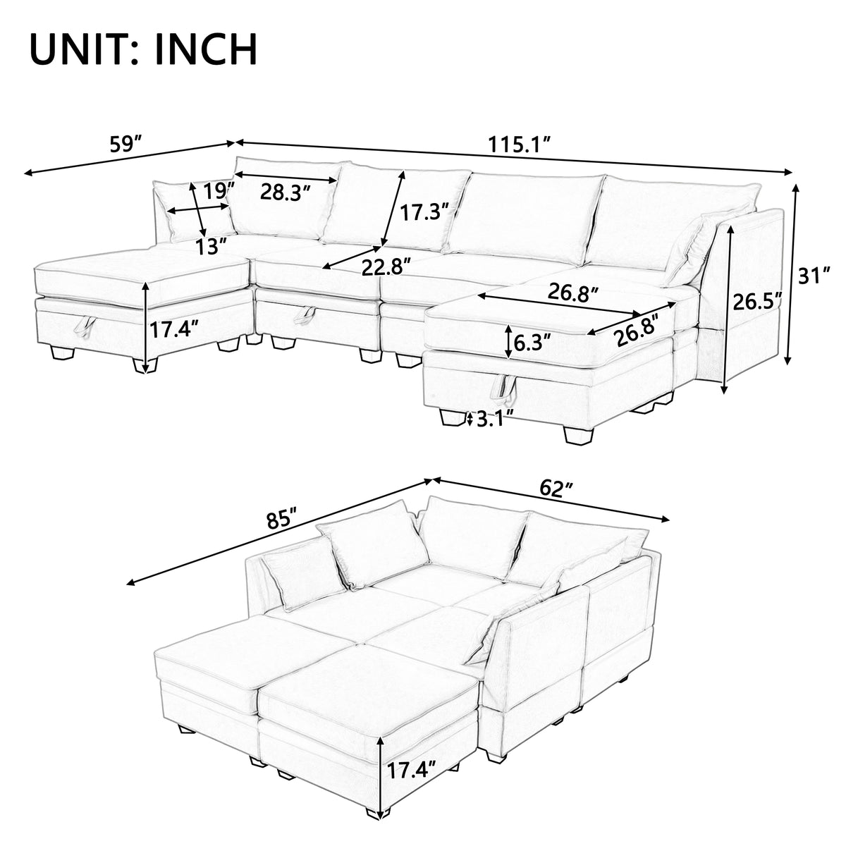 variant-group:rf-n711wy000363aad|Roomfitters Modern Large U-Shape Modular Sectional Sofa, Convertible Sofa Bed with Reversible Chaise for Living Room, Storage Seat, Dark Grey