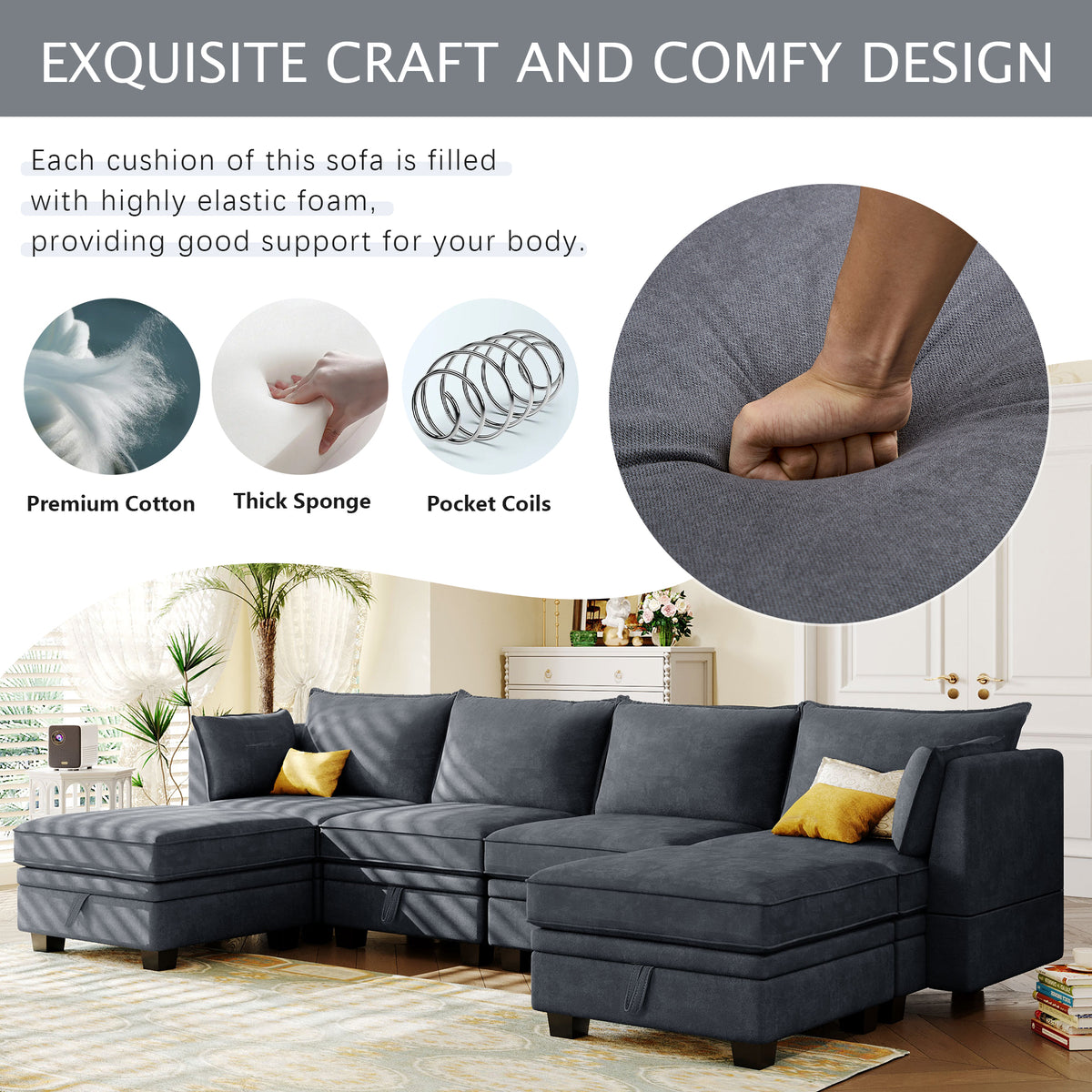 variant-group:rf-n711wy000363aad|Roomfitters Modern Large U-Shape Modular Sectional Sofa, Convertible Sofa Bed with Reversible Chaise for Living Room, Storage Seat, Dark Grey