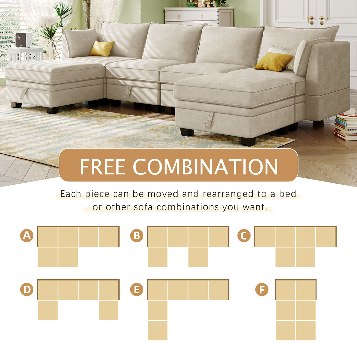 variant-group:rf-n711wy000363aaa|Roomfitters Modern Large U-Shape Modular Sectional Sofa, Convertible Sofa Bed with Reversible Chaise for Living Room, Storage Seat, Beige
