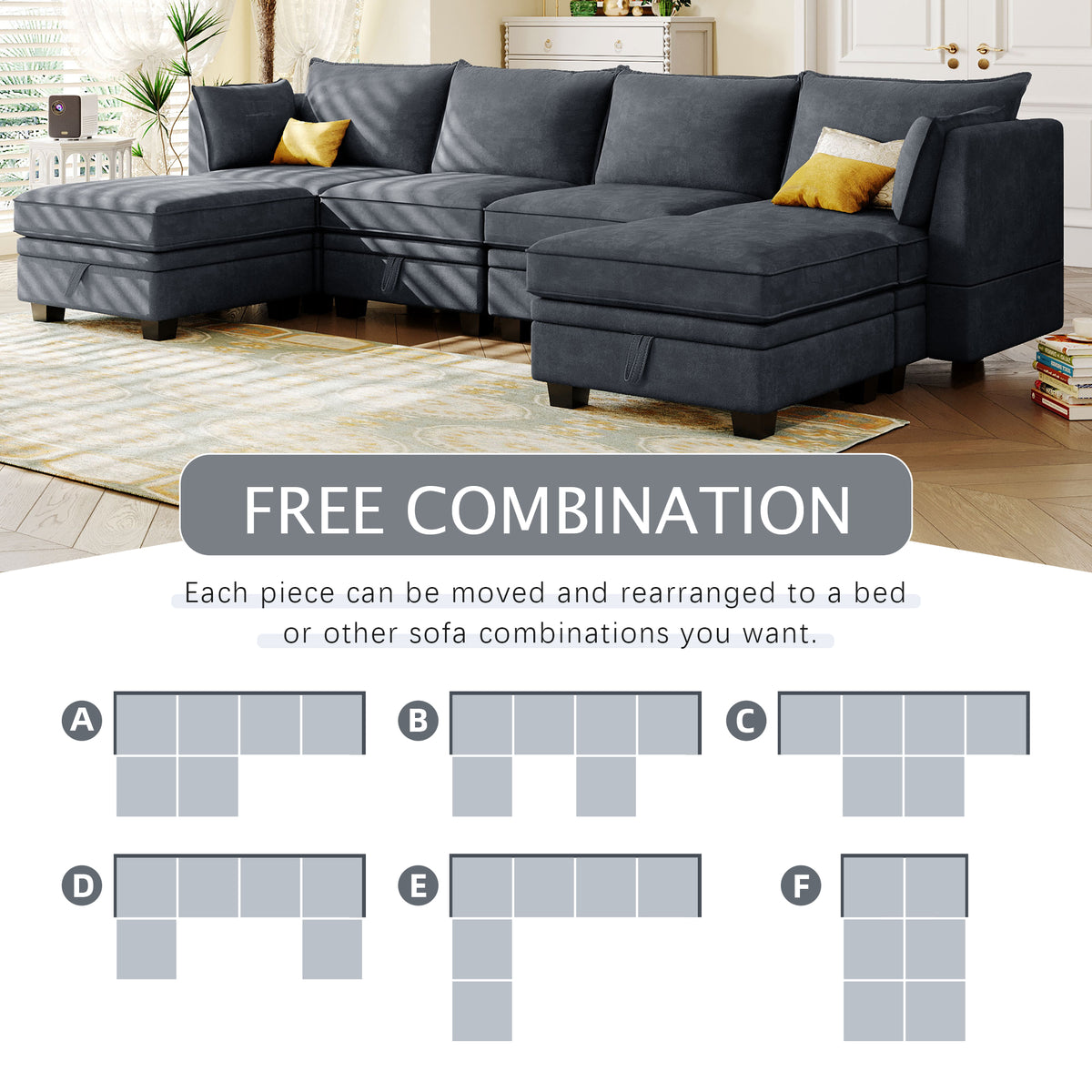 variant-group:rf-n711wy000363aad|Roomfitters Modern Large U-Shape Modular Sectional Sofa, Convertible Sofa Bed with Reversible Chaise for Living Room, Storage Seat, Dark Grey