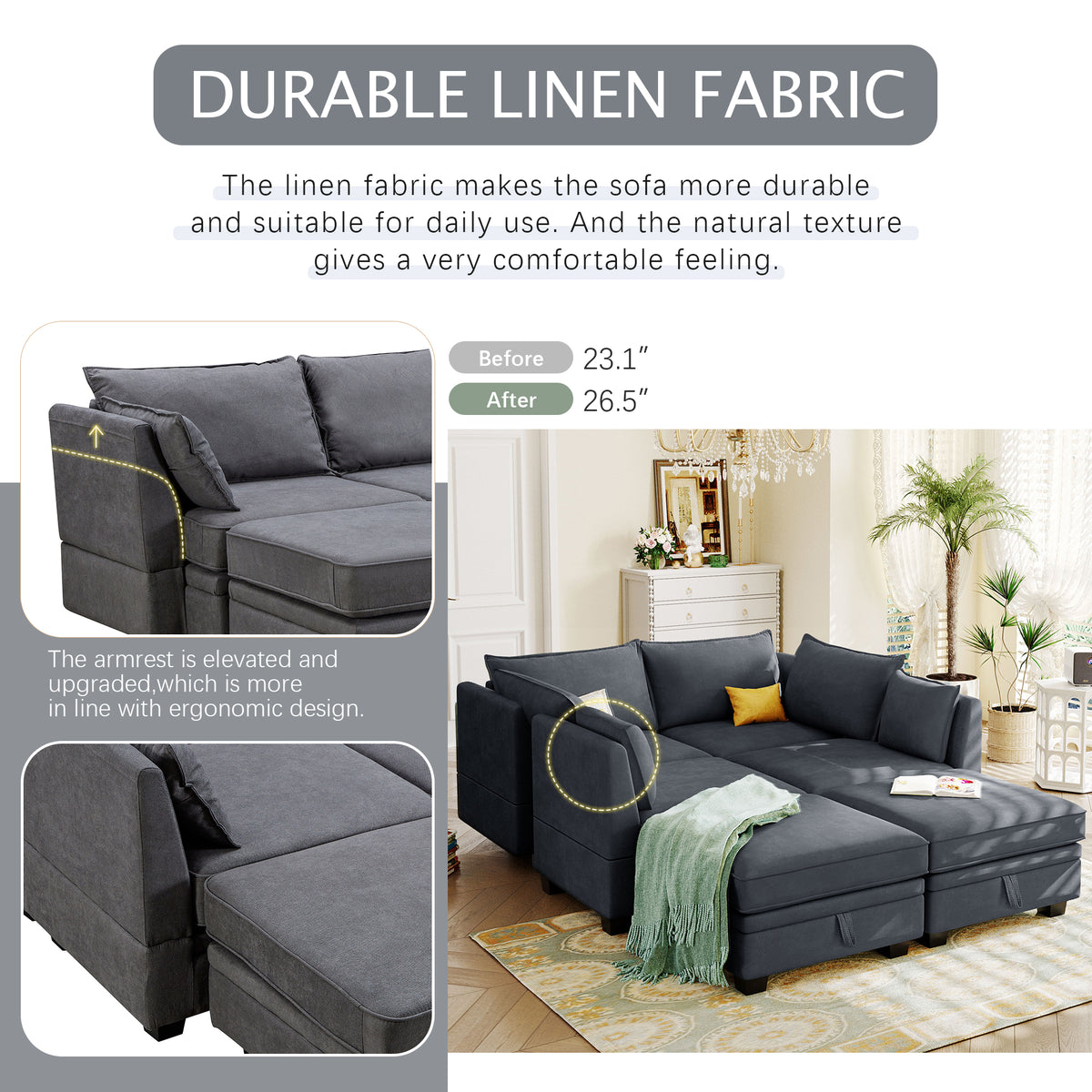 variant-group:rf-n711wy000363aad|Roomfitters Modern Large U-Shape Modular Sectional Sofa, Convertible Sofa Bed with Reversible Chaise for Living Room, Storage Seat, Dark Grey
