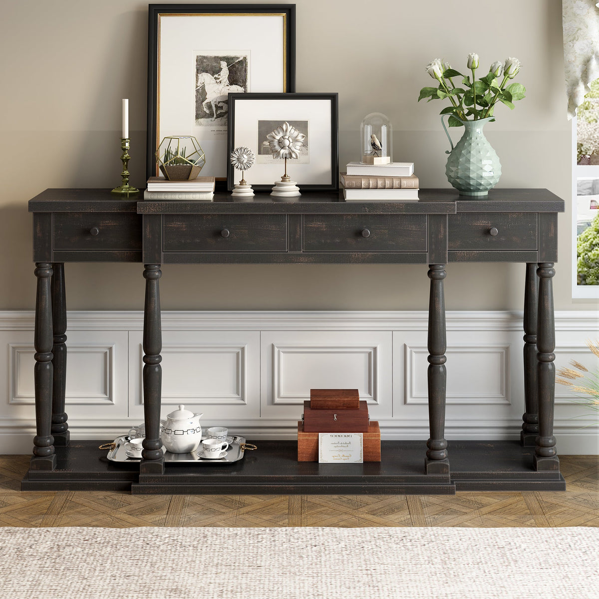 Roomfitters Retro Console Table with 4 Storage Drawers and Shelf, Entryway Table for Hallway, Antique Black Roomfitters