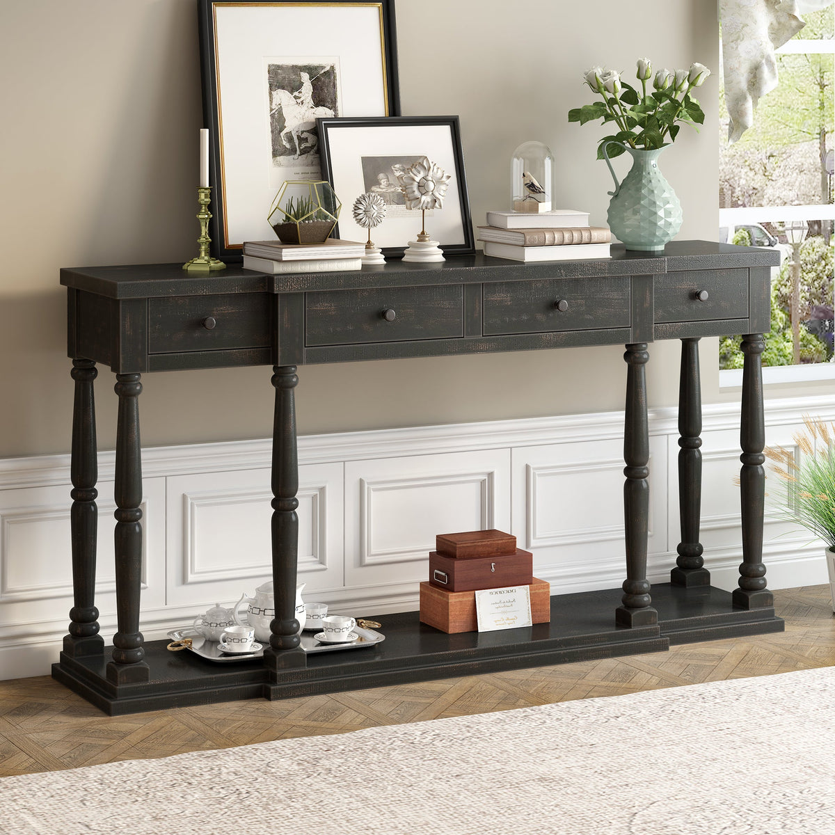 Roomfitters Retro Console Table with 4 Storage Drawers and Shelf, Entryway Table for Hallway, Antique Black Roomfitters
