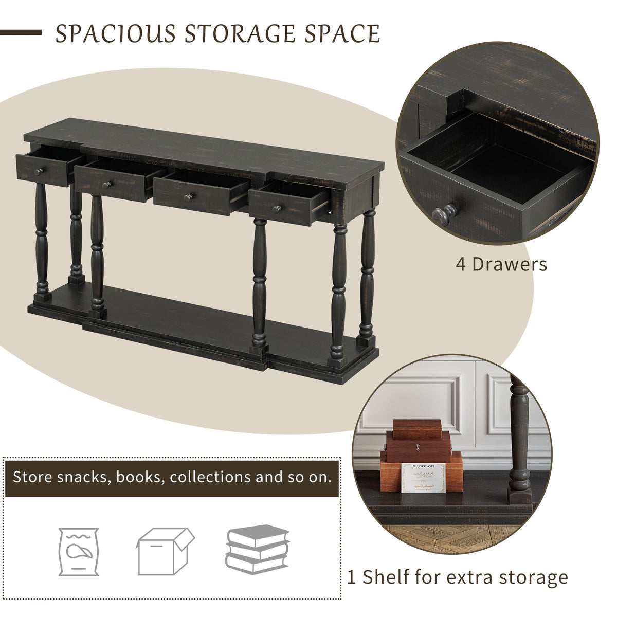 Roomfitters Retro Console Table with 4 Storage Drawers and Shelf, Entryway Table for Hallway, Antique Black Roomfitters