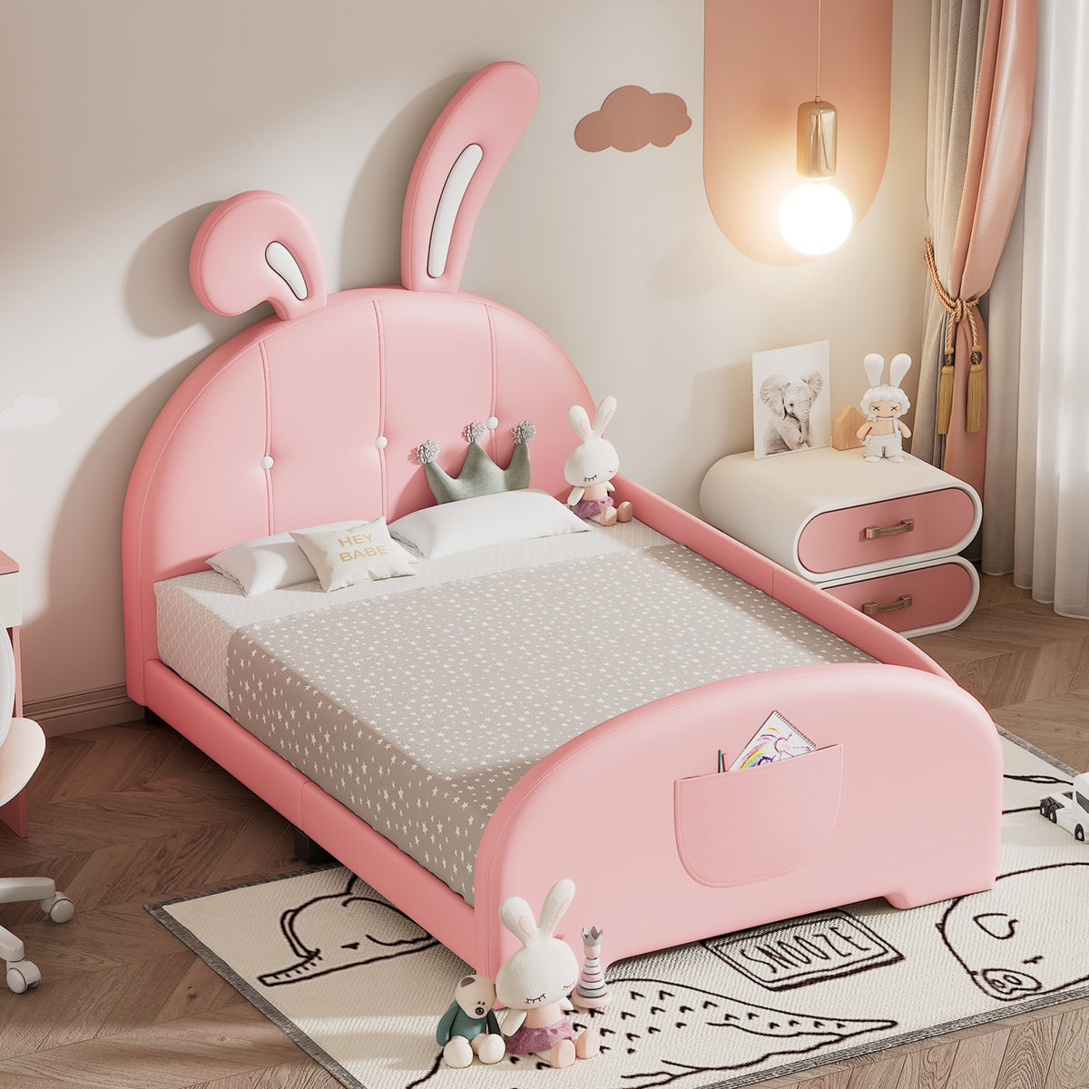 variant-group:rf-n733p198764h|Roomfitters Rabbit-Shaped Princess Twin Platform Bed with Upholstered Headboard and Footboard, Pink