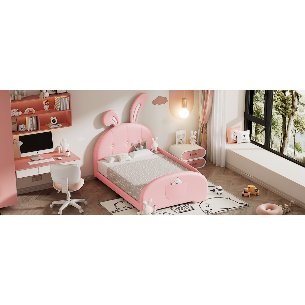 variant-group:rf-n733p198764h|Roomfitters Rabbit-Shaped Princess Twin Platform Bed with Upholstered Headboard and Footboard, Pink