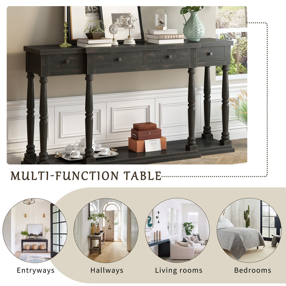Roomfitters Retro Console Table with 4 Storage Drawers and Shelf, Entryway Table for Hallway, Antique Black Roomfitters