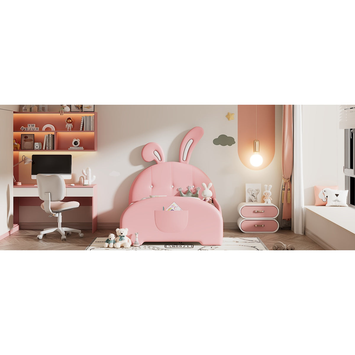 variant-group:rf-n733p198764h|Roomfitters Rabbit-Shaped Princess Twin Platform Bed with Upholstered Headboard and Footboard, Pink