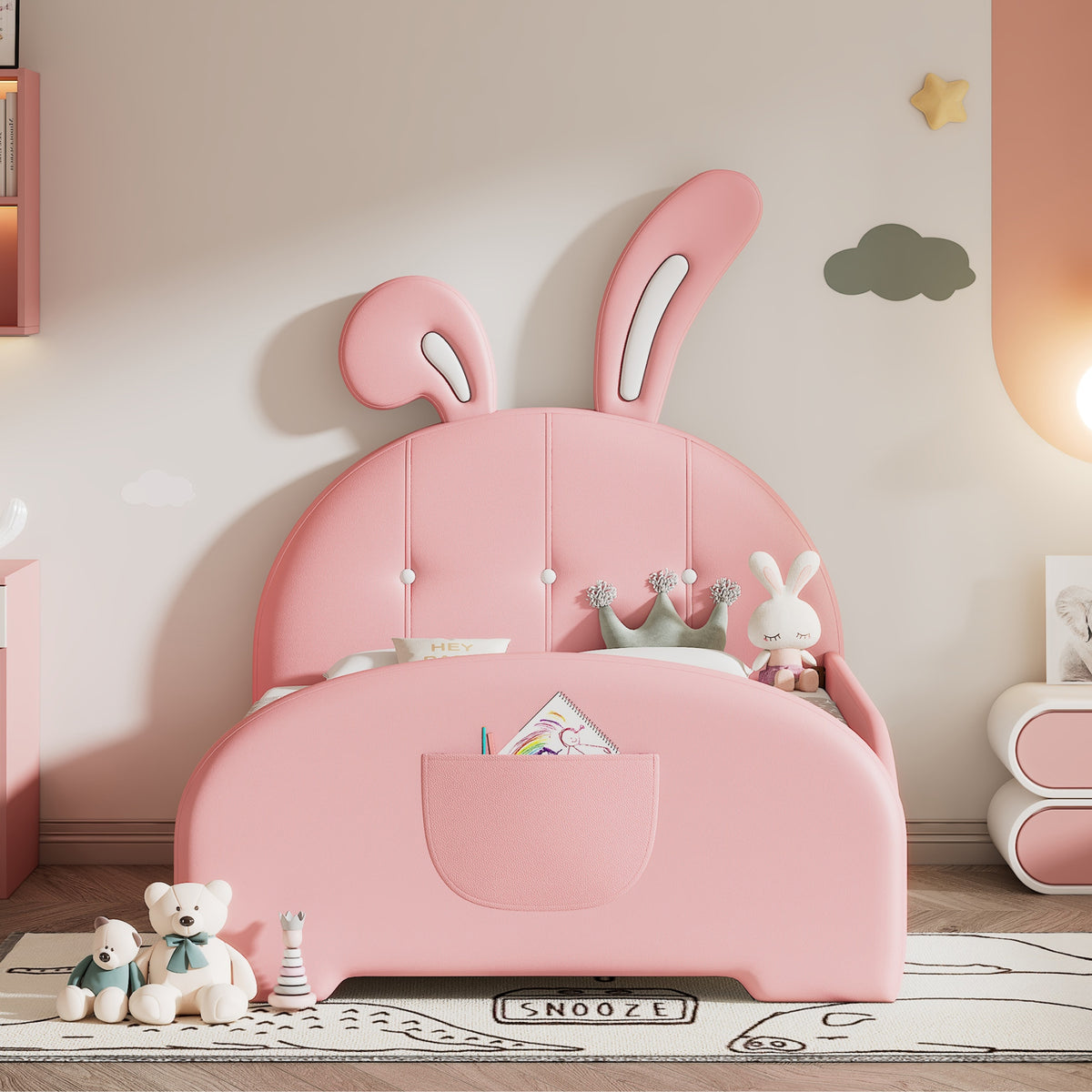 variant-group:rf-n733p198764h|Roomfitters Rabbit-Shaped Princess Twin Platform Bed with Upholstered Headboard and Footboard, Pink