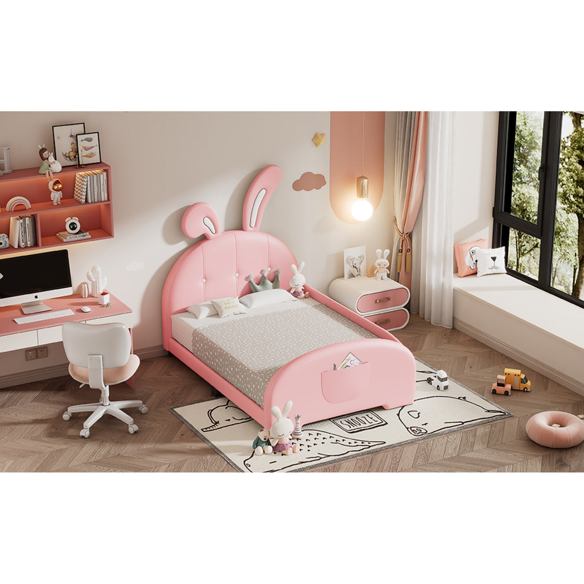 variant-group:rf-n733p198764h|Roomfitters Rabbit-Shaped Princess Twin Platform Bed with Upholstered Headboard and Footboard, Pink