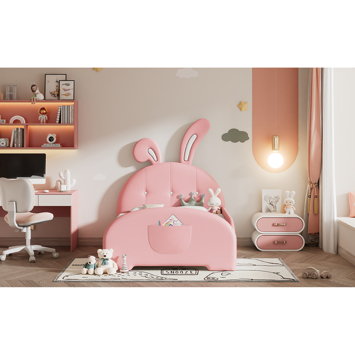 variant-group:rf-n733p198764h|Roomfitters Rabbit-Shaped Princess Twin Platform Bed with Upholstered Headboard and Footboard, Pink