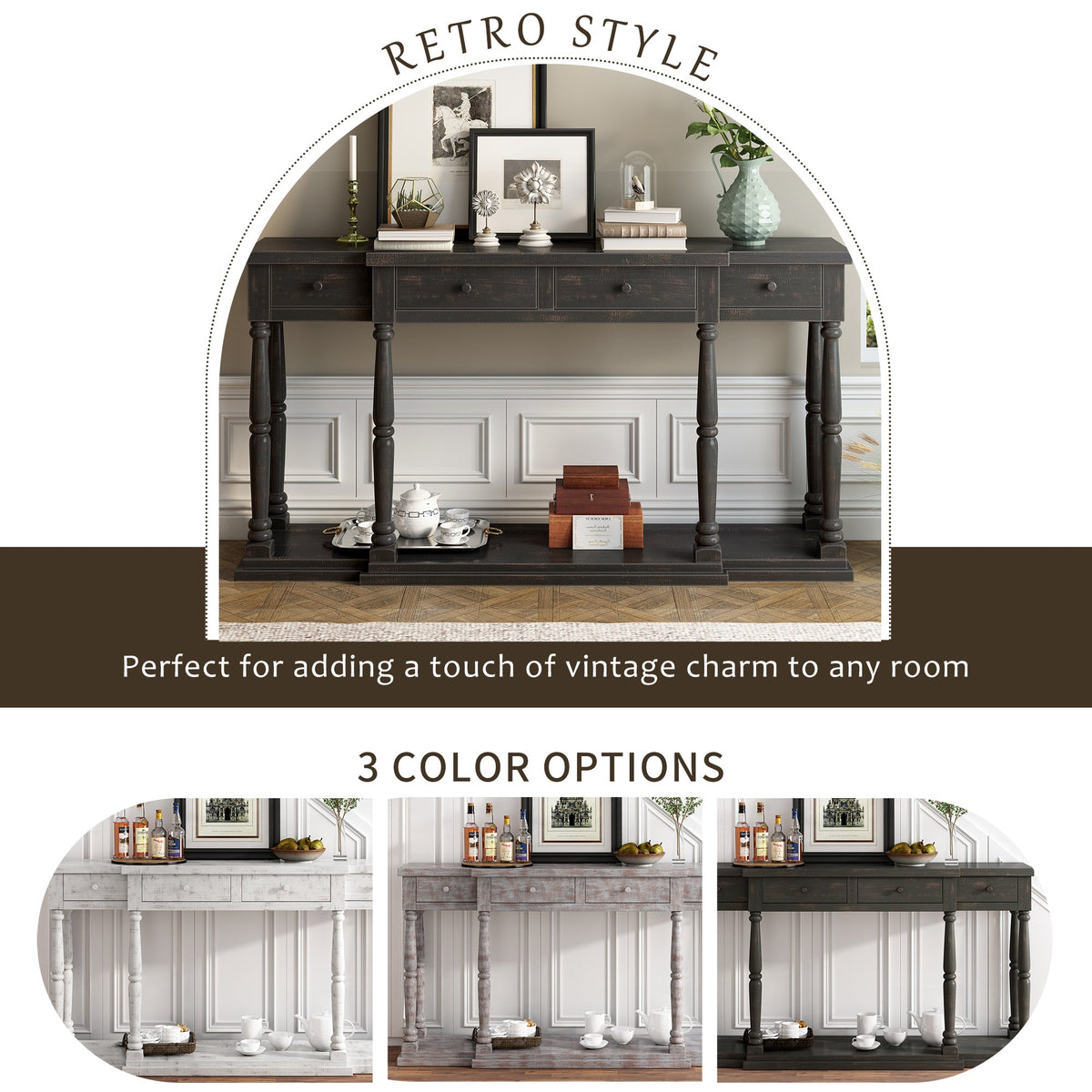 Roomfitters Retro Console Table with 4 Storage Drawers and Shelf, Entryway Table for Hallway, Antique Black Roomfitters
