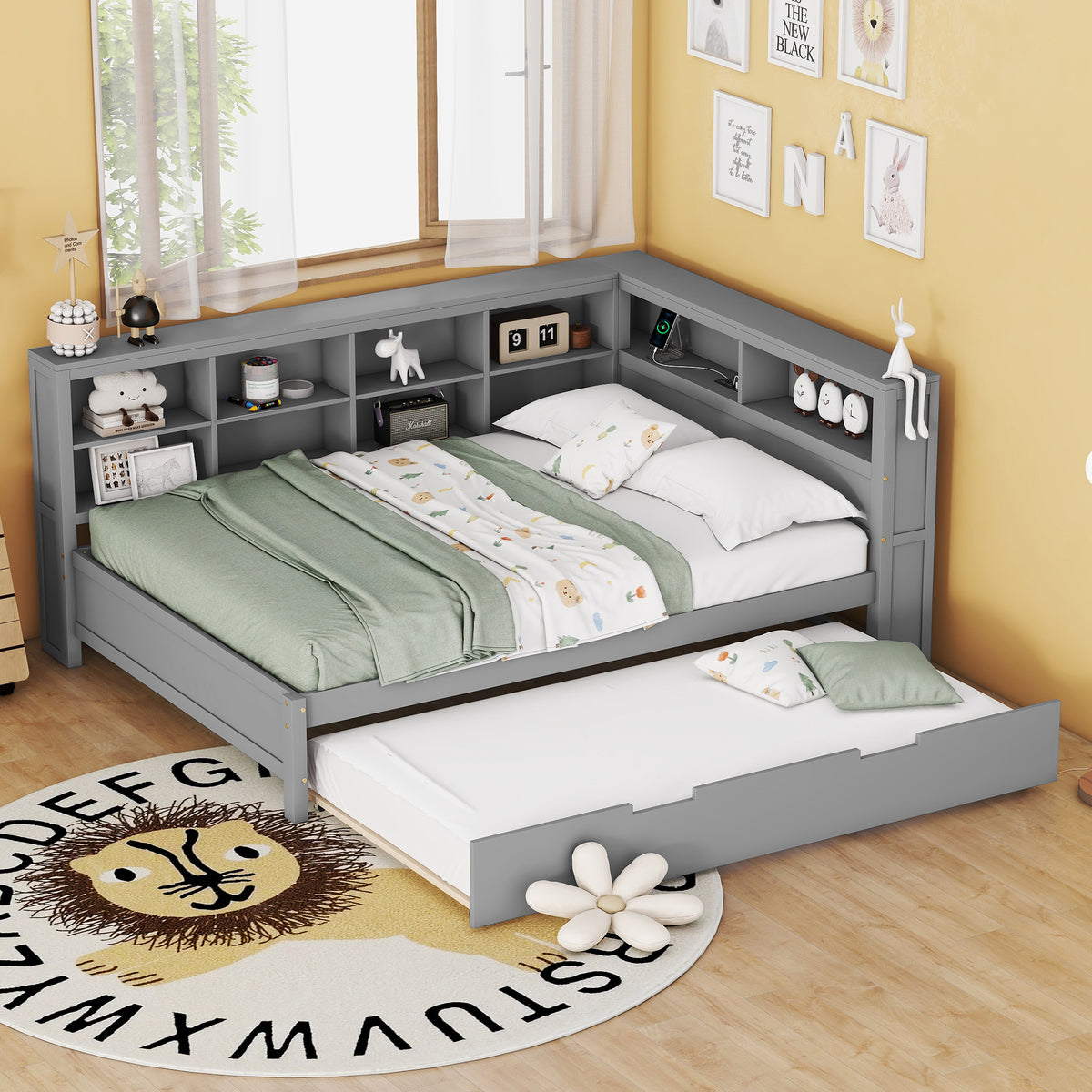 variant-group:rf-n733s347731e|Roomfitters Wooden Full Daybed with Twin Trundle, Storage Shelf & USB Charging Ports, Gray