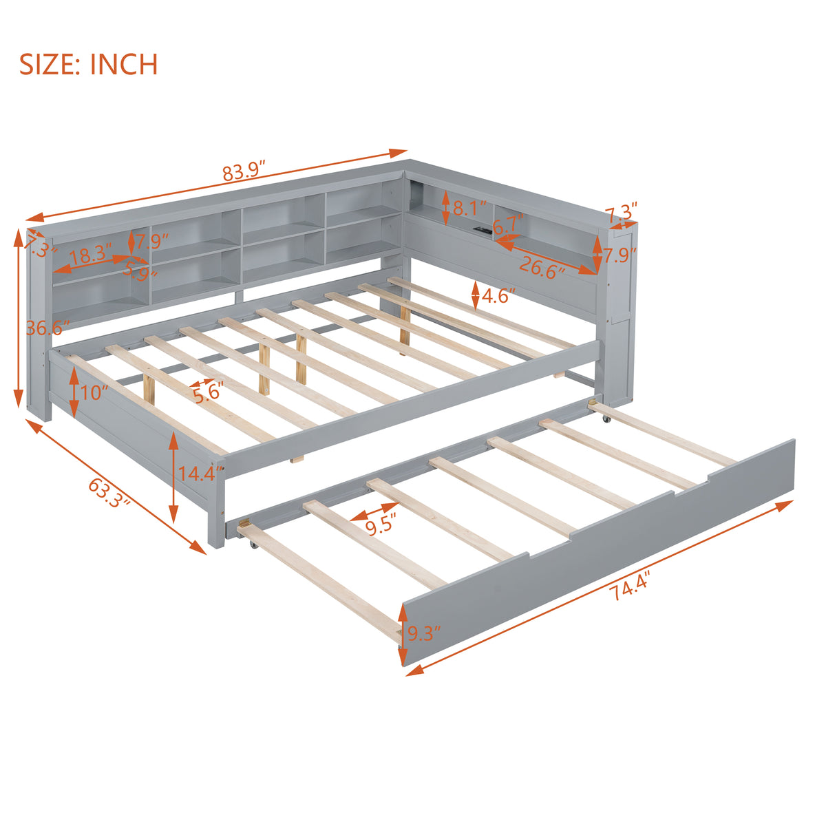 variant-group:rf-n733s347731e|Roomfitters Wooden Full Daybed with Twin Trundle, Storage Shelf & USB Charging Ports, Gray