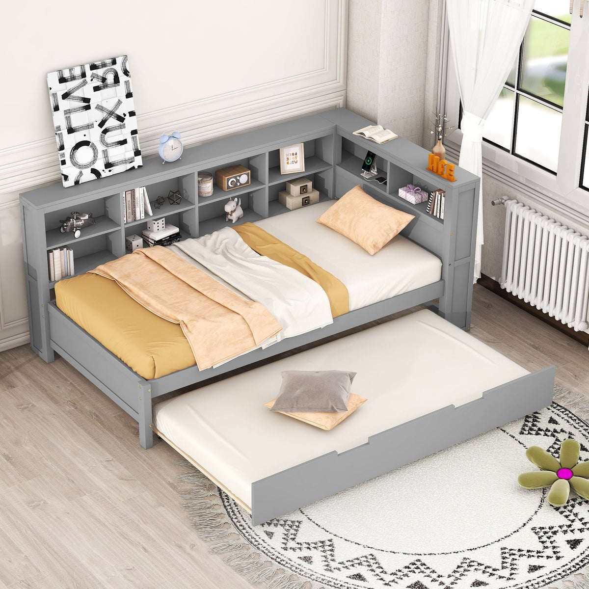 Roomfitters Wooden Twin Size Daybed with Twin Trundle, Storage Shelf, and USB Charging Ports, Space-Saving Multifunctional Design, Gray