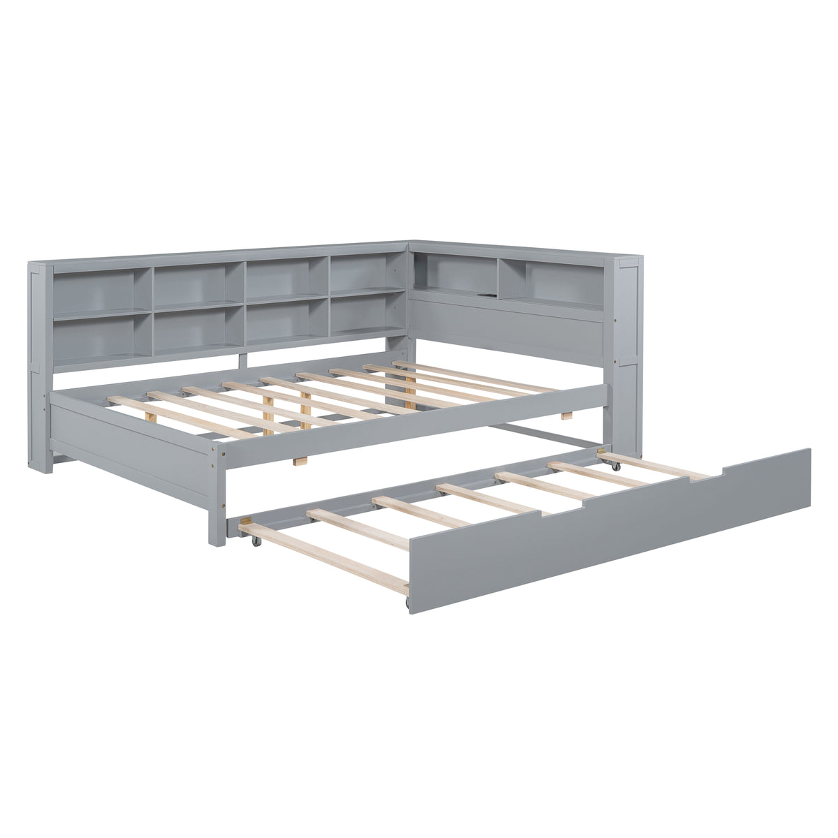 variant-group:rf-n733s347731e|Roomfitters Wooden Full Daybed with Twin Trundle, Storage Shelf & USB Charging Ports, Gray