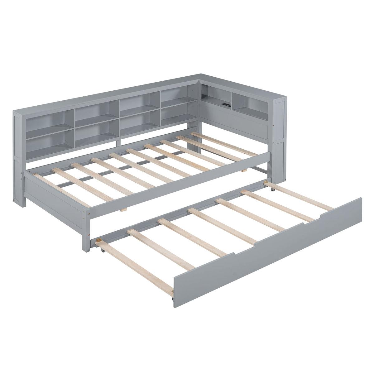 Roomfitters Wooden Twin Size Daybed with Twin Trundle, Storage Shelf, and USB Charging Ports, Space-Saving Multifunctional Design, Gray