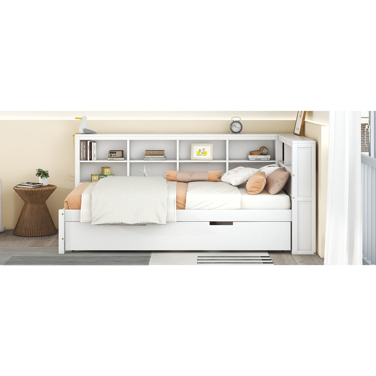 Roomfitters Wooden Twin Daybed with Twin Trundle, Storage Shelf & USB Charging Ports, White