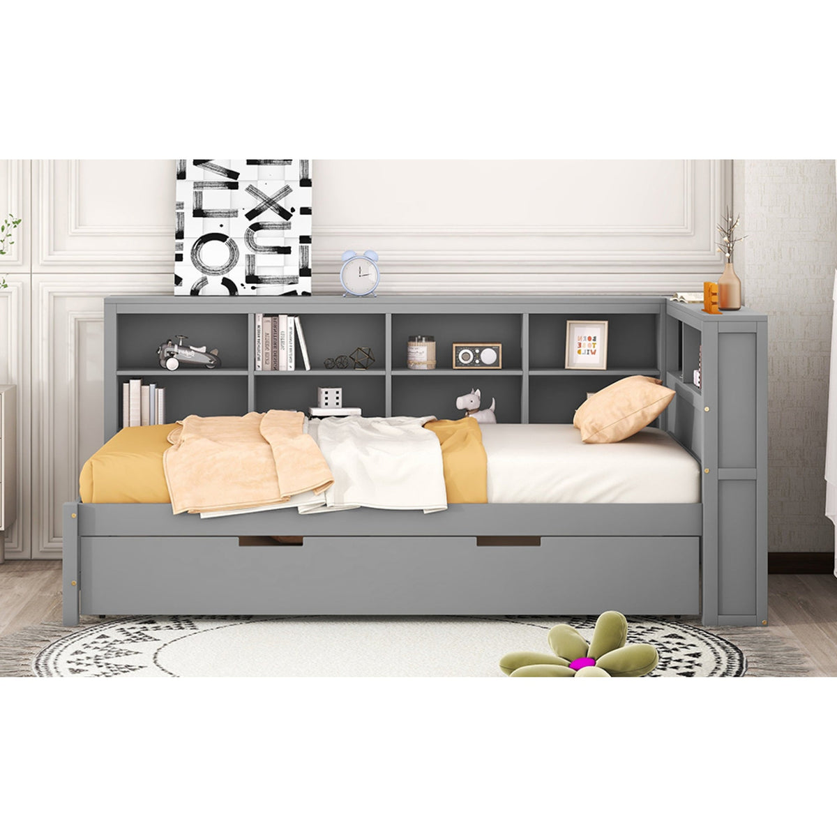 Roomfitters Wooden Twin Size Daybed with Twin Trundle, Storage Shelf, and USB Charging Ports, Space-Saving Multifunctional Design, Gray