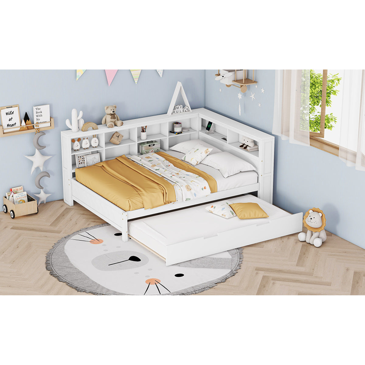 variant-group:rf-n733s347731k|Roomfitters Wooden Full Daybed with Twin Trundle, Storage Shelf & USB Charging Ports, White