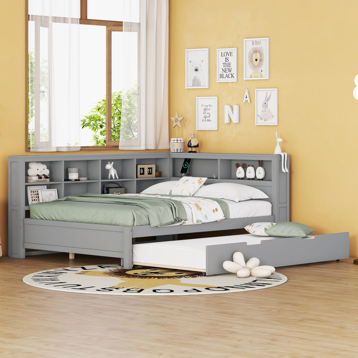 variant-group:rf-n733s347731e|Roomfitters Wooden Full Daybed with Twin Trundle, Storage Shelf & USB Charging Ports, Gray