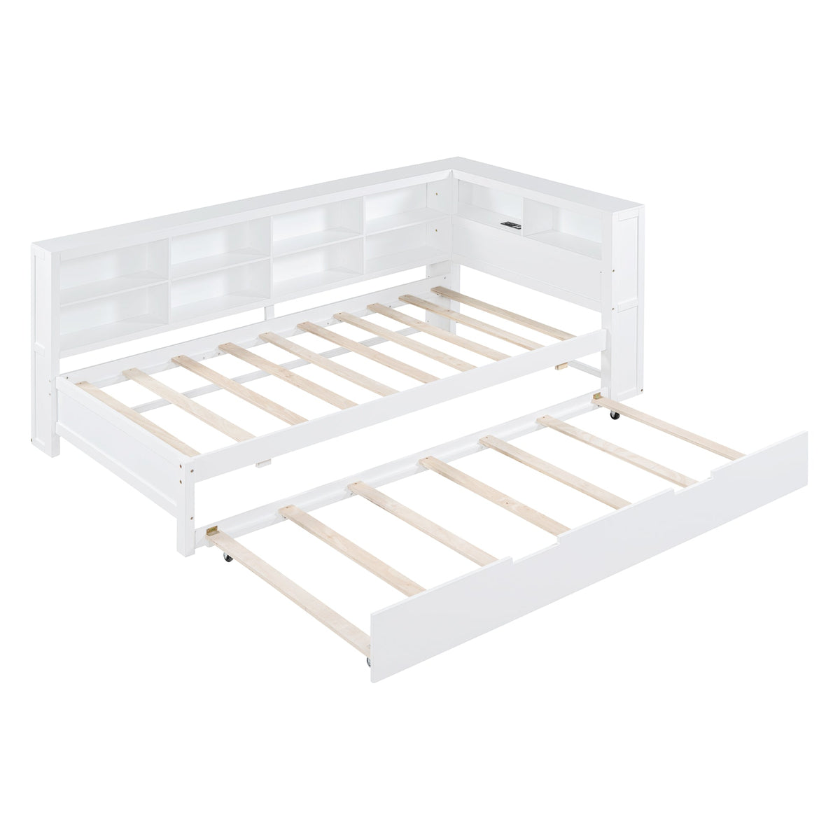 Roomfitters Wooden Twin Daybed with Twin Trundle, Storage Shelf & USB Charging Ports, White