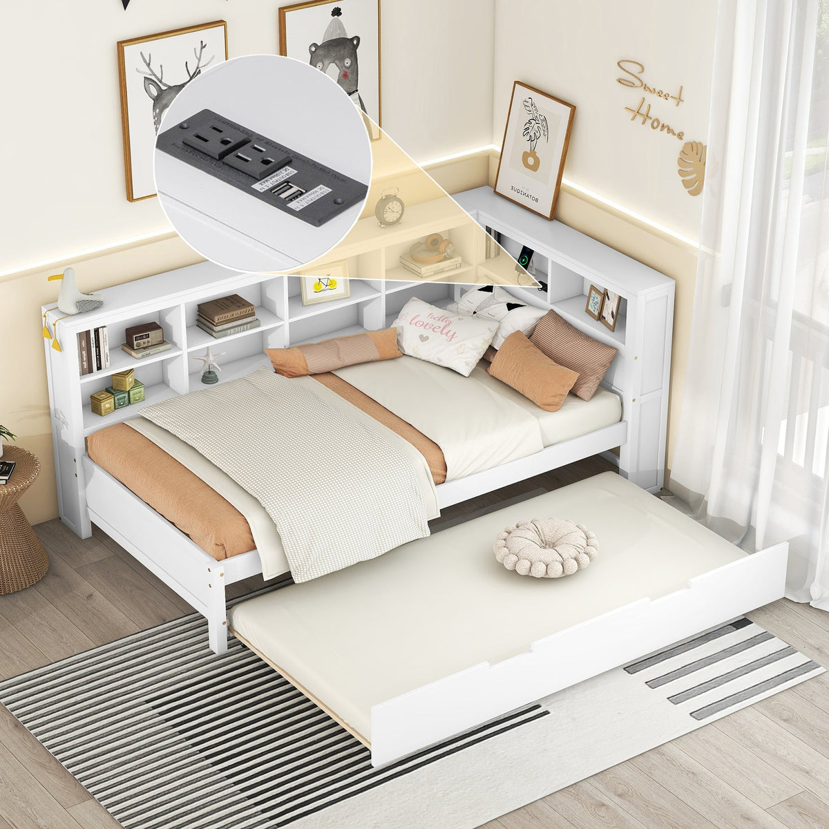 Roomfitters Wooden Twin Daybed with Twin Trundle, Storage Shelf & USB Charging Ports, White