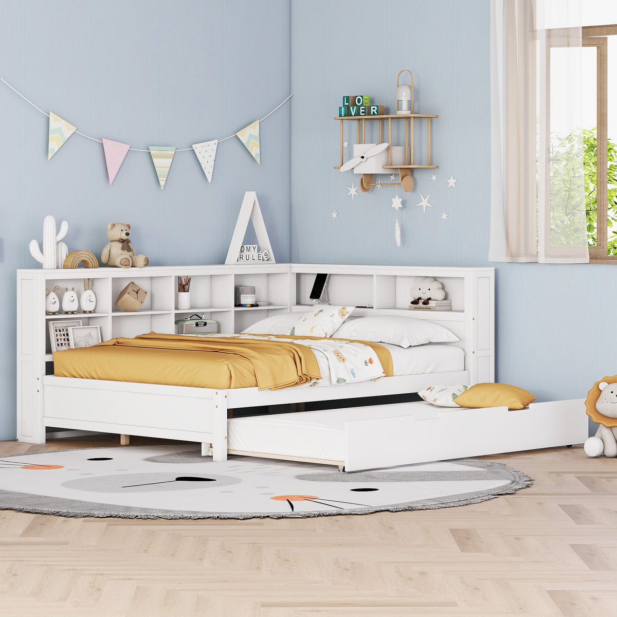 variant-group:rf-n733s347731k|Roomfitters Wooden Full Daybed with Twin Trundle, Storage Shelf & USB Charging Ports, White