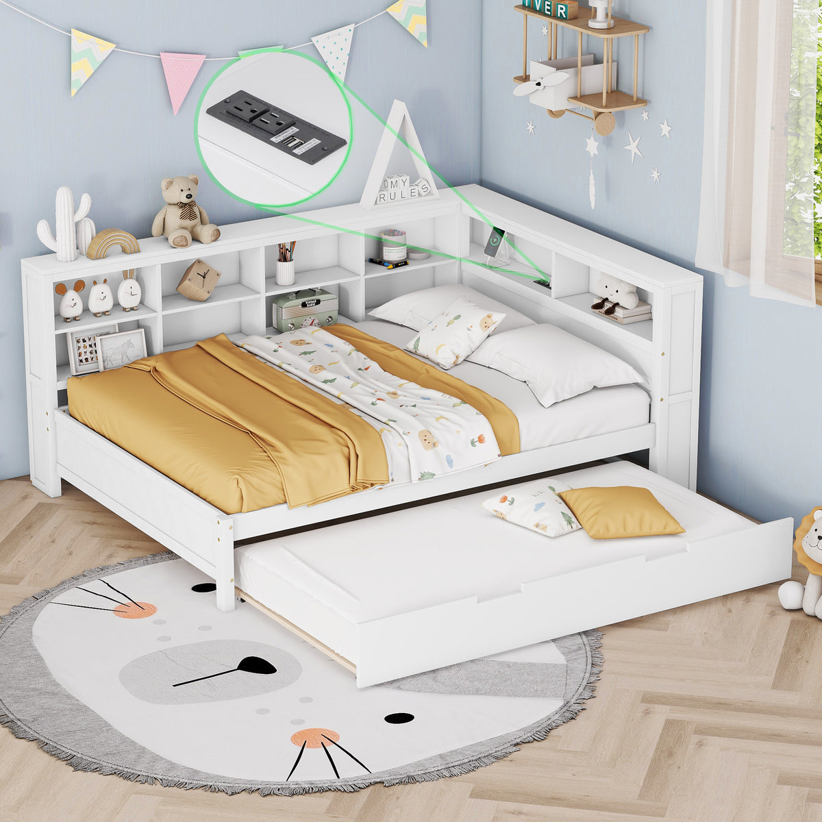variant-group:rf-n733s347731k|Roomfitters Wooden Full Daybed with Twin Trundle, Storage Shelf & USB Charging Ports, White