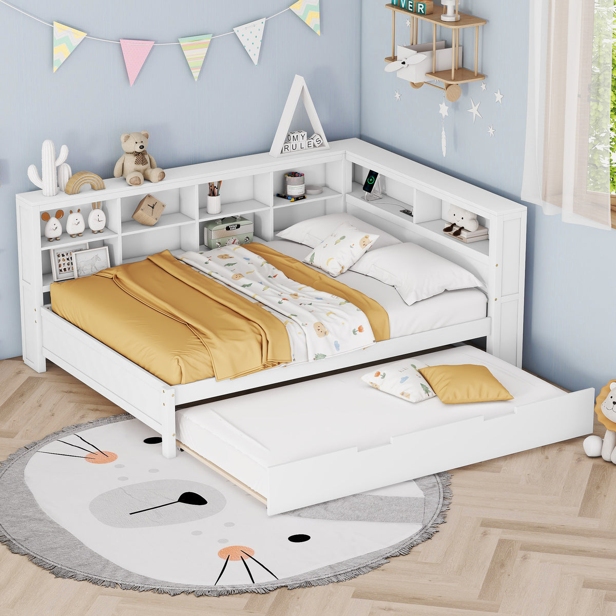 variant-group:rf-n733s347731k|Roomfitters Wooden Full Daybed with Twin Trundle, Storage Shelf & USB Charging Ports, White