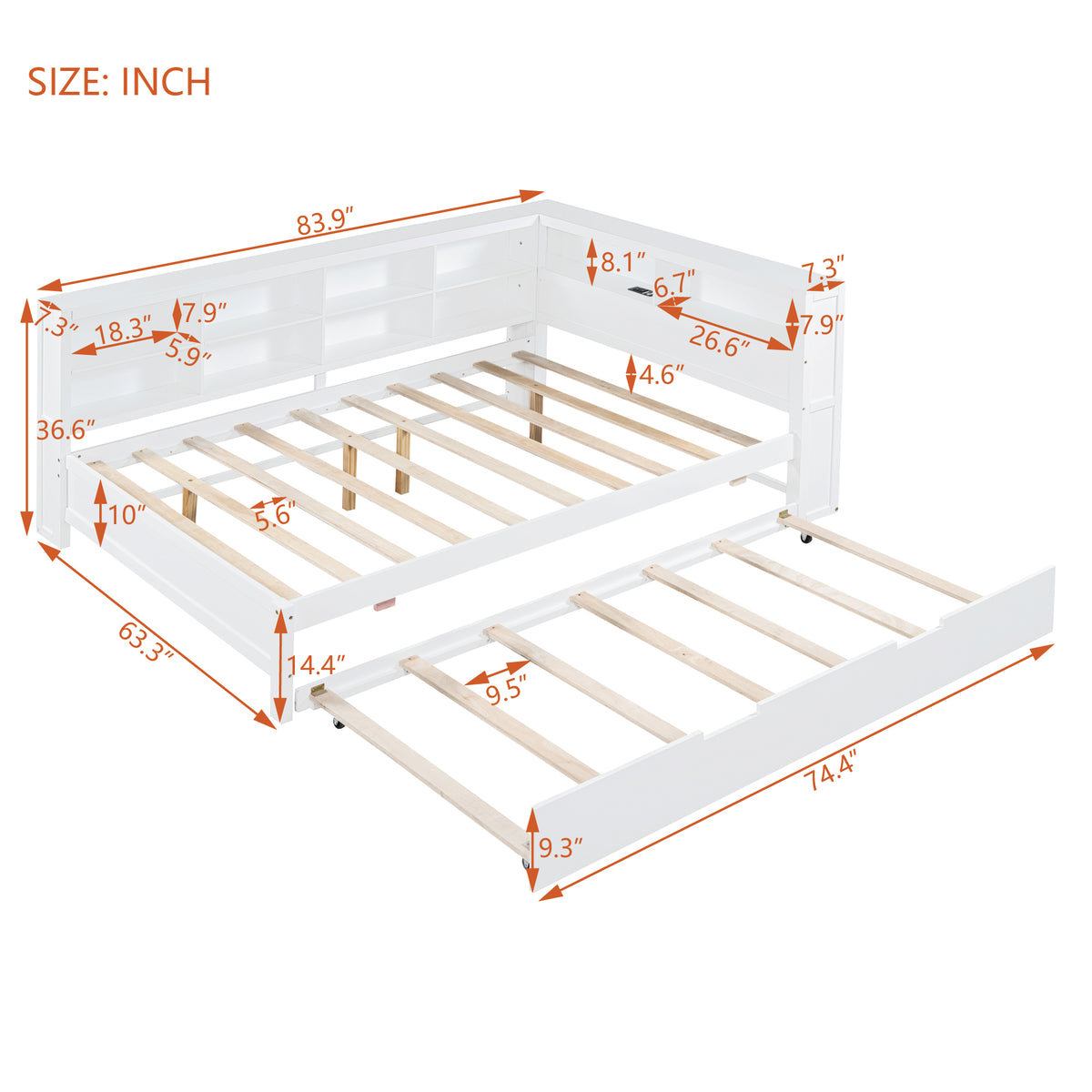 variant-group:rf-n733s347731k|Roomfitters Wooden Full Daybed with Twin Trundle, Storage Shelf & USB Charging Ports, White