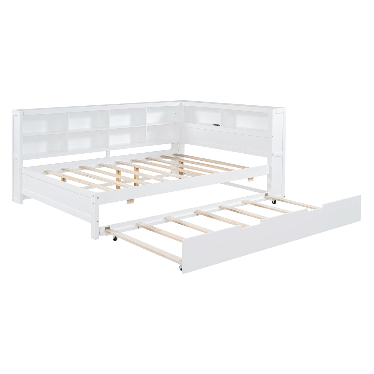 variant-group:rf-n733s347731k|Roomfitters Wooden Full Daybed with Twin Trundle, Storage Shelf & USB Charging Ports, White