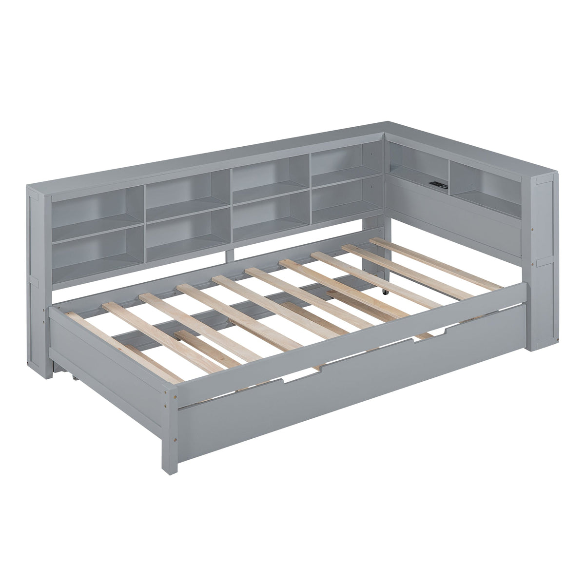 Roomfitters Wooden Twin Size Daybed with Twin Trundle, Storage Shelf, and USB Charging Ports, Space-Saving Multifunctional Design, Gray