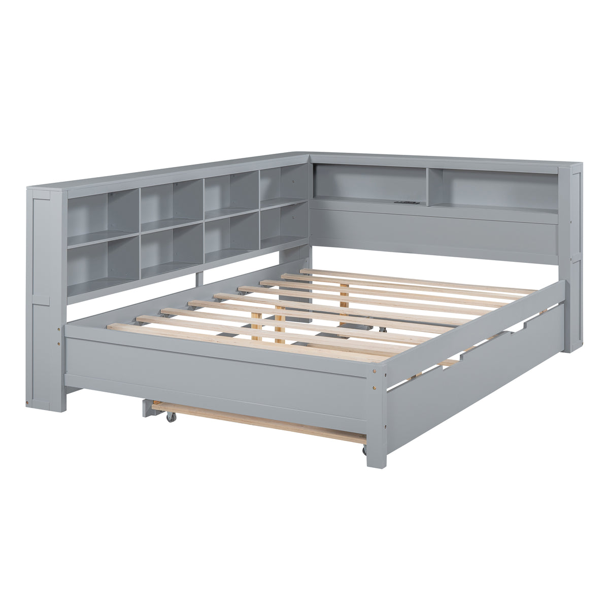 variant-group:rf-n733s347731e|Roomfitters Wooden Full Daybed with Twin Trundle, Storage Shelf & USB Charging Ports, Gray