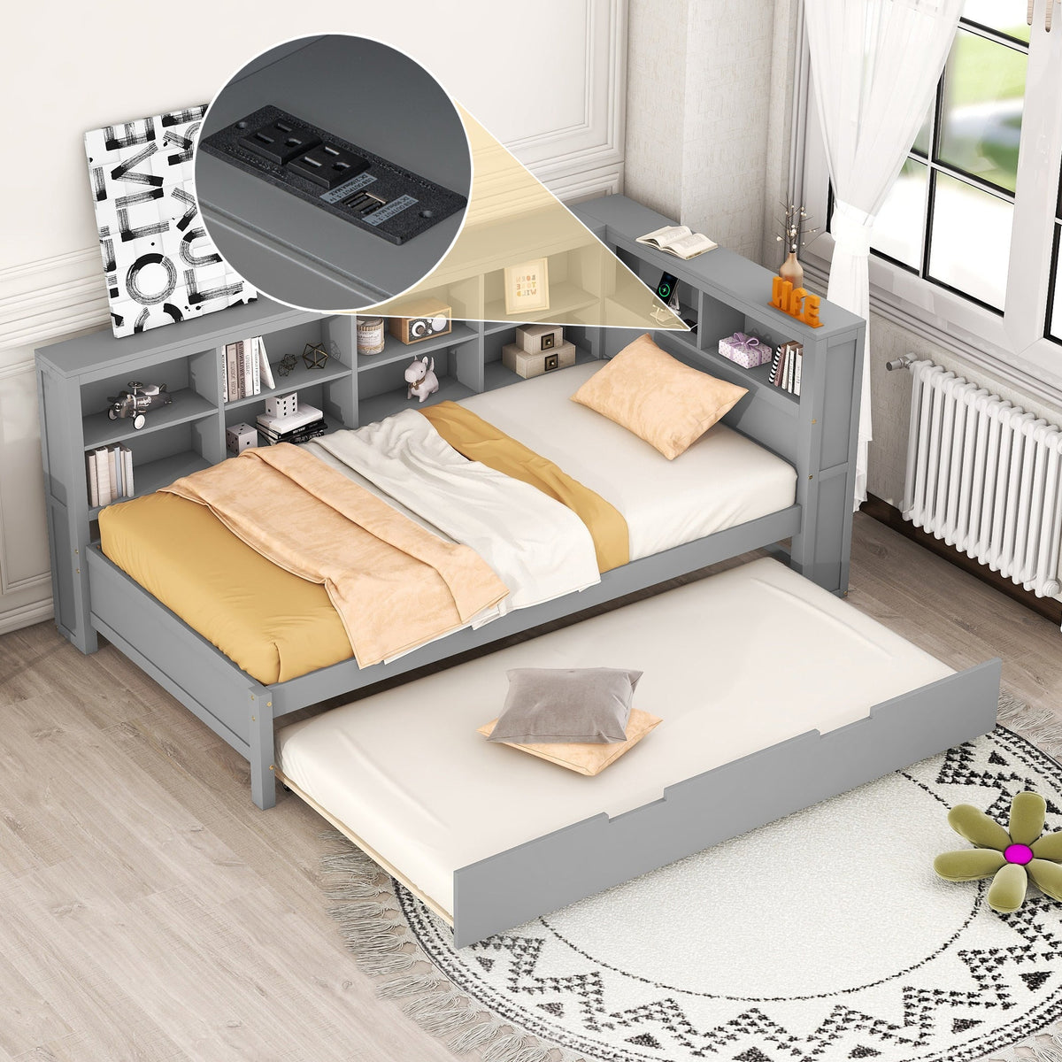 Roomfitters Wooden Twin Size Daybed with Twin Trundle, Storage Shelf, and USB Charging Ports, Space-Saving Multifunctional Design, Gray