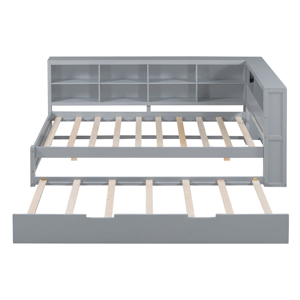 Roomfitters Wooden Twin Size Daybed with Twin Trundle, Storage Shelf, and USB Charging Ports, Space-Saving Multifunctional Design, Gray
